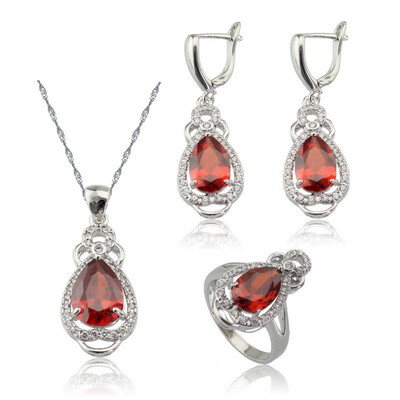 

EIOLZJ Trendy Fashion Water Drop Red Cubic Zirconia Silver Plated Jewelry Sets for Women Free Jewelry Box