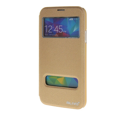 

MOONCASE Samsung Galaxy S5 I9600 Case View Slim Leather Flip Pouch Bracket Back Cover Gold