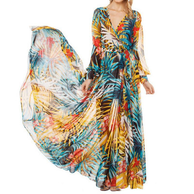 

Lantern Sleeve Beach Dress 2018 Summer Vintage Chiffon Maxi Dresses Robe V Neck Floral Bohemian Boho Dress Long Dress