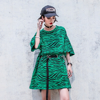 

2018 New Loose O-neck Short-sleeved Belt Zebra Pattern Embroidery Cotton Dress Women
