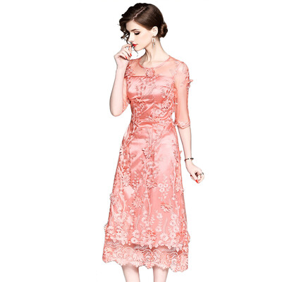 

QUZIHUA 2018 New Summer Dress elegant Pink Mesh A-Line Half Petal Sleeve O-Neck Mid-Calf Office Lady Dress
