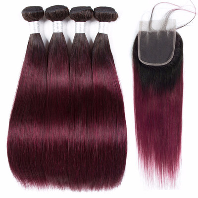 

HCDIVA 1B99J Dark Roots Ombre Brazilian Hair Straight 4 Bundles With Closure Ombre Human Hair Bundles With Lace Closure Virgin