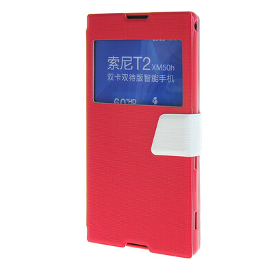 

MOONCASE Xperia T2 , Slim Window Design Leather Side Flip Bracket ЧЕХОЛ ДЛЯ Sony Xperia T2 Hot pink White