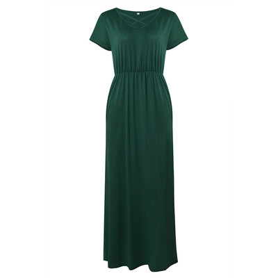

Try Everything Long Dress Women Summer 2018 Elegant Short Sleeve Casual Dress For Women Cross V-Neck Draped Tunic Womens Dress
