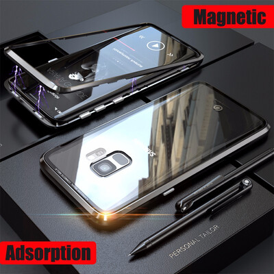 

New Magnetic Adsorption Metal Case Samsung Galaxy S9Plus Transparent Tempered Glass Cover Magnets Bumper for Samsung Galaxy S9