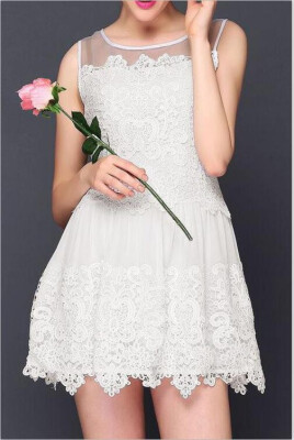 

Sweet Crochet Patchwork Mesh Round Neck Sleeveless Slim Mini Lace Dress Homecoming Dress