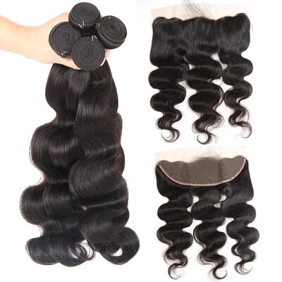 

Malasyian Virgin hair 3 Bundles with Lace Frontal Body Wave with 13x4 Closure Free Part Virgin Human Hair Weave with Closure