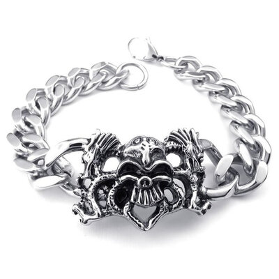

Hpolw Menssilver&black Stainless Steel Lobster Clasps Bracelet&Gothic Skullskeleton Charm Biker Link Bracelet