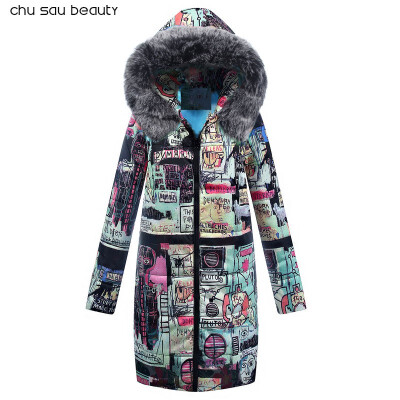 

Chu Sau Beauty 2018 New Winter Trend Street Artisc Print Women Coat Warm Winter Outfit Long Sleeve Down Coat Long Hooded Parkas