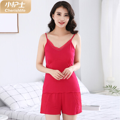 

Little nurse pajamas women summer thin section home service two-piece suit ladies strap pajamas modal pullover trousers JDT008 fragrant red 160S