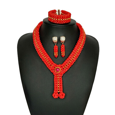 

Delicate Crystal Beaded Ethiopian Jewelry Set Traditional African Wedding Bridal Statement Necklace Woman Coral Jewelry Set