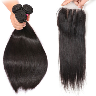 

BHF Hair 100 Remy Hair Bundles With Closure Straight Brazilian Virgin Hair 4 PcsLot Natural Black