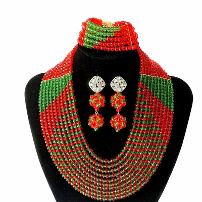 

10 Rows Green And White With Corsage Womens Wedding Crystal jewelry African Bridal Costume Jewelry Nigerian Beads Jewelry Set