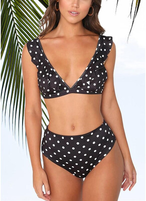 

2018 Dot Print Ruffled Push Up Bra High Waist Bottoms Bikini Set