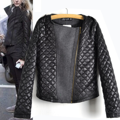 

Celebrity Fashion Women Leather quilting stitching Jacket Slim Woolen down Coat