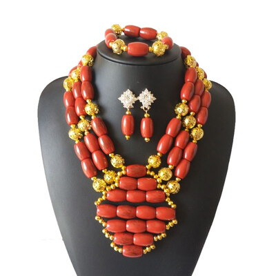 

New African Wedding Jewelry Sets Fashion Crystal Bridal Statement Necklace Nigerian Beads Jewelry Red Coral Jewelry Sets For Women