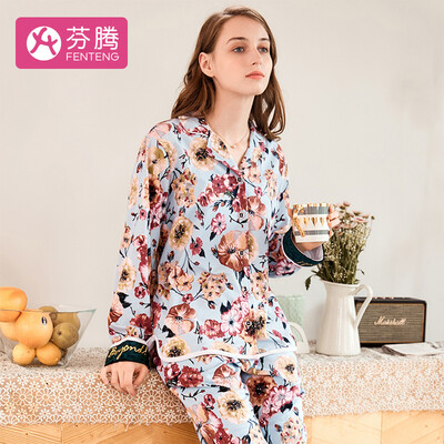

Fenteng home service female elegant printed lapel long-sleeved pajamas feminine suit J98931448 light blue