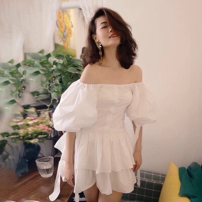 

Off Shoulde Dress Female Slash Neck Puff Sleeve Lace Up Tunic High Waist A Line Dresses 2018 Summer Oversize Sweet