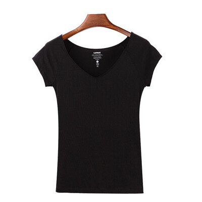 

Canvaus Summer New Women Slim Solid V-neck Commuter Short Sleeve Cotton T-shirt Tops