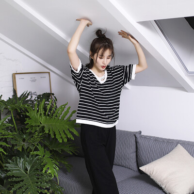

Haizhining 17W38 pajamas ladies V-neck fashion casual striped short-sleeved pants cotton home clothes two-piece girl home service suit black 175