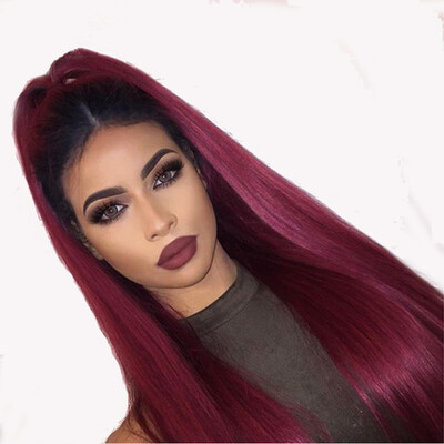 

T-top Hair T1B99J Burgundy Ombre Long Silky Straight With Dark Roots 100 Virgin Human Hair Glueless Lace Front Wig With Baby Hai