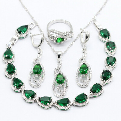 

Silver 925 Jewelry Sets For Women Green Semi-precious Necklace Pendant Bracelets Earrings Rings Free Gift Box
