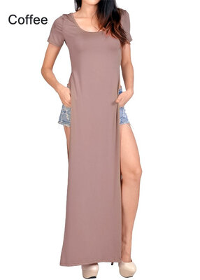 

Womens Round Neck Celebrity Casual Side Slits Long Top Maxi Dress M L