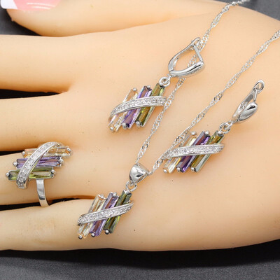 

Geometry Black&White Stone Silver Plated Bridal Jewelry Sets for Women wedding Choker Dangle Earrings Ring Free Gift Box