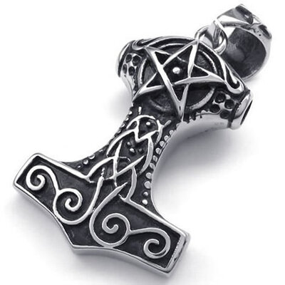 

Hpolw New Fashion Design Stainless Steel Black Thors Hammer Pentagram Amulet Pendant Necklace18-26 inch Chain