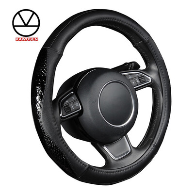 

KAWOSEN PU Leather Steering Wheel Cover Black Lychee Pattern with Fashion Serpentine Leather M size fits 38cm15" Diameter
