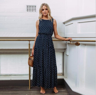 

2018 Women Sexy Button Maxi Dress Female Fashion Dot Print Sleeveless Summer Dresses Casual Beach Long Dress Vestidos