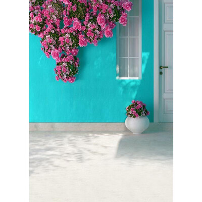 

Blue Wall Red Flower Photo Backdrop 57FT Vinyl Fabric Cloth Digital Printing Photo Background s-734