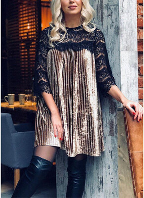 

Sexy Women Lace Crushed Velvet Mini Dress Hot Lace Splicing Half Sleeve Evening Party Cocktail Shift Dress