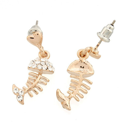 

Sweet Lovely Golden Crystal Rhinestone Four Leaves Skull Bowtie Ear Stud Earring FISH BONE