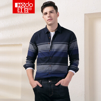 

Red Bean Hodo Mens Long Sleeve Shirt Mens Square Collar Oxford Fabric Stripe Long Sleeve Cotton Shirt S1 Black Strip 17592A