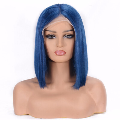 

9A Blue Color Lace Front Human Hair Wigs for Women Short Bob Straight Brazilian Virgin Hair with Baby Hair 130 Density Lace Wigs