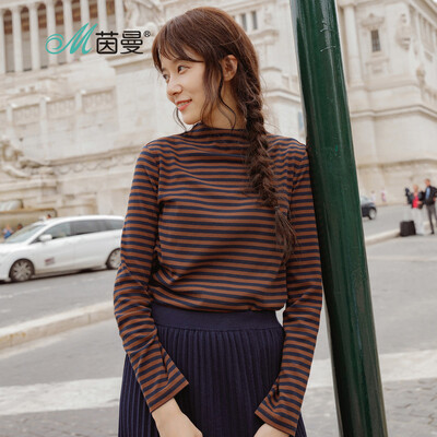 

INMAN 2018 autumn new wild striped half-high collar comfortable long-sleeved shirt T-shirt female 18830VP21027 pink