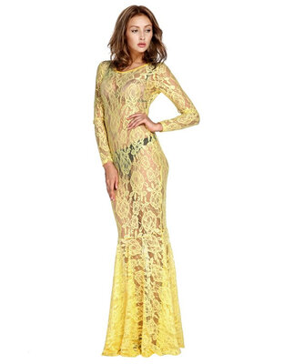 

Womens New Fashion Sexy Hollow Sexy Lace Swallowtail Stunning Bandage Bodycon Dress Yellow