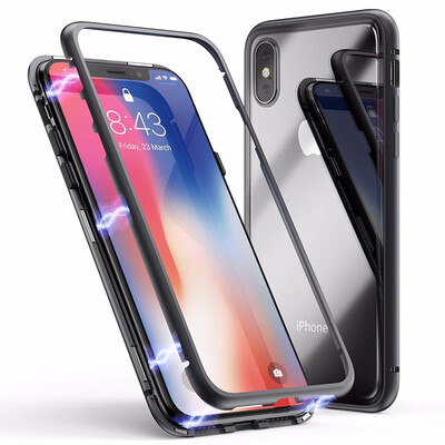 

iPhone X Case Magnetic Adsorption Case Ultra Slim Metal Frame Tempered Glass with Built-in Magnet Flip Cover