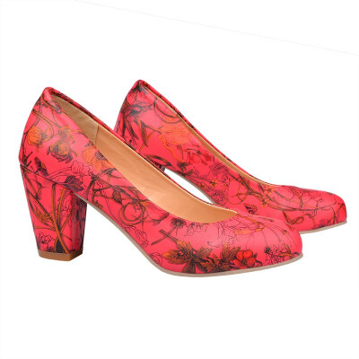 

IDIFU Womens Elegant Floral Print Round Toe Low Cut Wide Width Work Shoes Block Heel Pumps