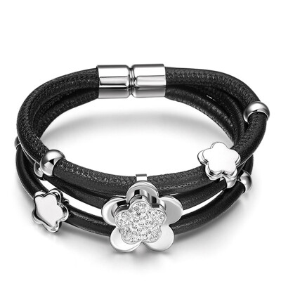 

Womens Multi Layers Stainless Steel Flower Charm Bracelet with Leather Strap Magnetic Clasp