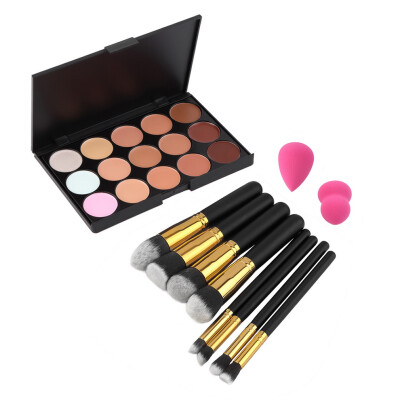 

15-Colors Makeup Face Concealer Palette + 8pcs Brushes Set + 2pcs Sponge Puff Black