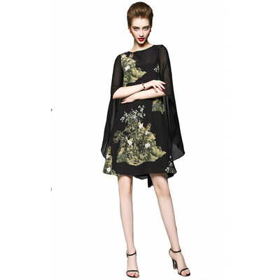 

2018 New Spring Soft Black Print Chiffon Dress Batwing Sleeve Three Quarter Loose Ladies Batwing Dresses