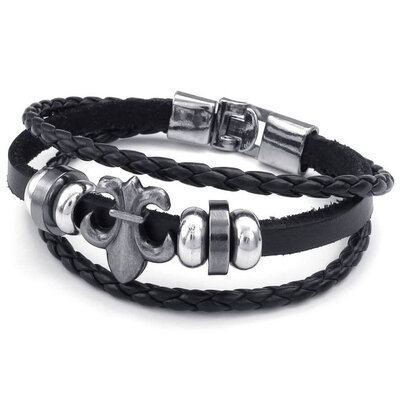 

Hpolw Mens Leather Bracelet Fleur De Lis Braided Cuff Bangle Black Silver