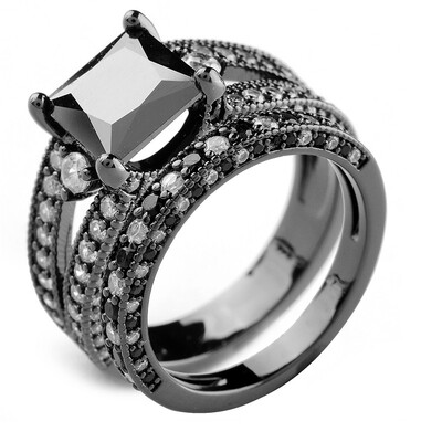 

Aiyaya 2pcsSet 18kt Black Gold Plated Black Crystal Cushion Cut Genstones Fashion Midi Rings For Wedding