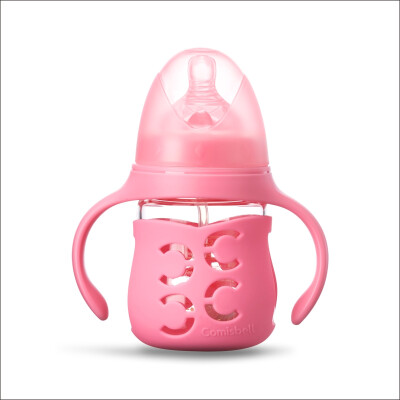 

Cosbel comisbell wide-bore glass bottle anti-flatulence with handle straw anti-drop silicone sleeve arc shape 150ml pink