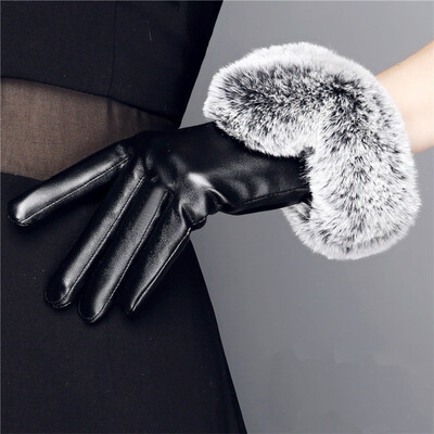 

Womens Fashion Leather Gloves Autumn Winter Warm Rabbit Fur Mittens