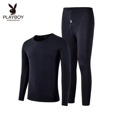 

Playboy Mens Thermal Underwear Set V-neck Basic Thermal Underwear Mens Thick Autumn Clothes Long Pants Set Light Gray V-neck M