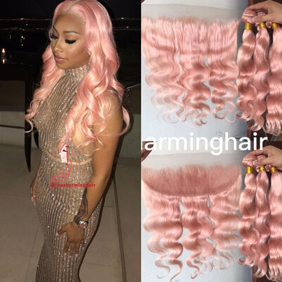 

Pink Lace Frontal with Bundles Rose Gold Pink Body Wave Brazilian Human Hair Weaves with Full Frontal Lace Closure