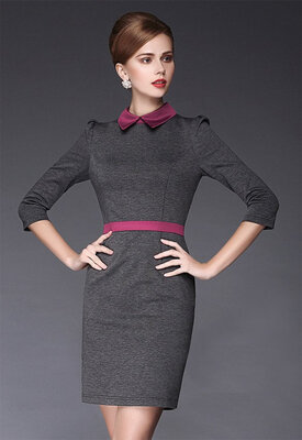 

Elegant Ladies Women Turn Down Lapel Splice 34 Sleeve Bodycon Business Party Midi Dress